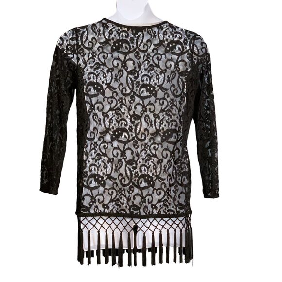 Chris McLaughlin Black Lace Cardigan Large Gothic Glam Sweater Tassel Fringe NEW - Picture 7 of 9